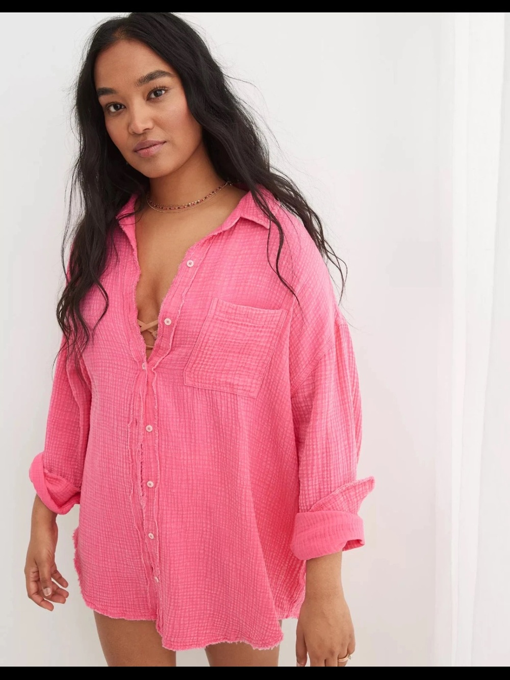 Aerie Gauzy Coverup Shirt size Small in Pink